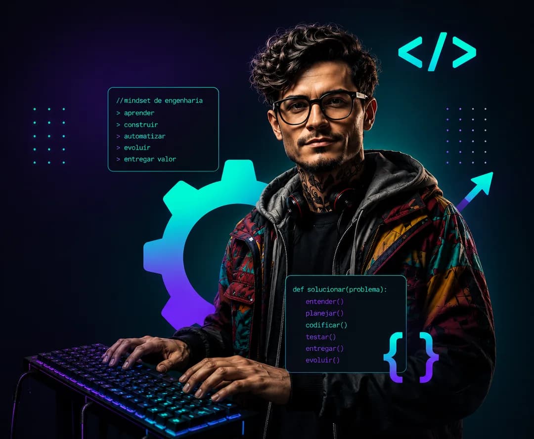 Mascote oficial Nerdzone — desenvolvedor com mindset de engenharia